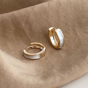 18k Gold-Plated French Style White Shell Earrings with Titanium Steel Base Geometric Pattern for Females Trendy and Compact