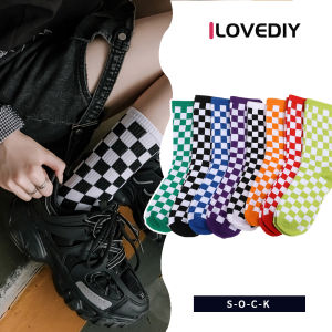 [ILOVEDIY] Winter Womens Mid-Calf Plaid Printed Cotton Hip-Hop Street Checkerboard Fashion Socks