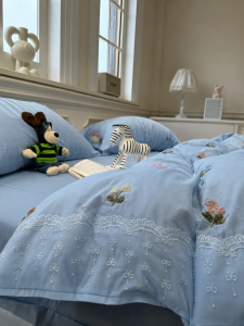 MANSHIAN | Embroidered & Lace Water Washed Cotton Bedding Set