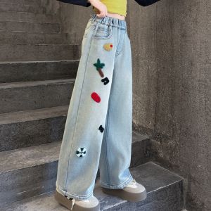Girls Casual Loose Embroidered Wide Leg Pants Straight Denim Jeans