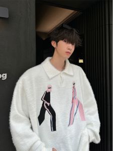 American Style Embroidered Thickened Collar Mens Cashmere Sweater Casual Loose Fit Winter Fashion Brand Knitted Top