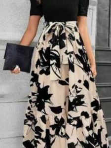 กระโปรงสั้นพิมพ์ลายเอวสูงผูกเชือก กระโปรงทรงเอ ผ้าฝ้ายผสม สไตล์หวานๆ สำหรับสาวๆ