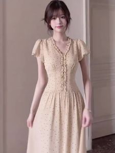 QINWEIYU | French Elegant V-Neck Polka Dot Long Dress