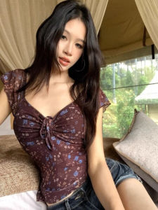 Retro Floral Tie V-Neck Short Sleeve T-Shirt Womens Slim Fit Waist Cinching Design Sensual Mesh Base Shirt Top