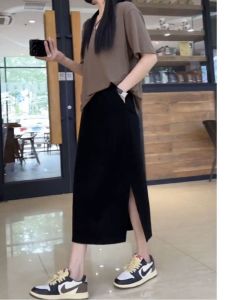Plus Size Fat Girl 150.00kg Black Skirt Womens Summer Loose High Waist Belly Covering Drape Mid Length Long Length Slit A- line Skirt