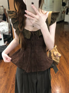 YUEZHONGWEI | Áo sơ mi nữ cổ vuông ren hở vai màu nâu ôm vừa vặn mùa hè không tay áo vest hở lưng áo dài tay thường ngày