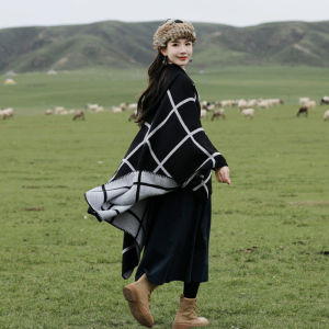 Chic Luxury Design Poncho Imitate Cashmere Warm Wraps Women Cape With Hooded Travel Blanket Boho Vibe Multi-Fuction Cloak Scarf