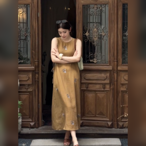 YUFUQING | French Vintage Round Neck Sleeveless Printed Dress Womens Summer New Style Elegant Loose Long Dress Casual High Waist A-Line Skirt