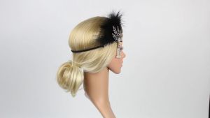 Mahkota Pengantin Vintage 1920an - Bulu Burung Unta Hitam + Payet Mutiara - Gaya Great Gatsby Mewah