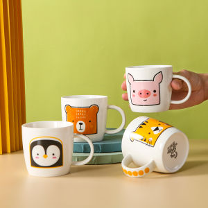 Cute Cartoon Ceramic Cup for Kids Home Use Milk Drinking Cup with Lid And Spoon Breakfast Cup Scale Mark Cup Nordic Style