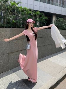 ฤดูร้อน สไตล์เพียวเดไซร์ ผู้หญิง เดรส มีแผ่นรองหน้าอก ทรงเหลี่ยม ปกเสื้อ เดรสรัดรูป สูง เอว พรางหุ่น ยาวสวยงาม กระโปรง