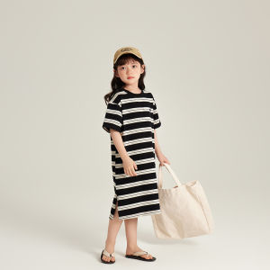 Striped Mid-Length Casual Short-Sleeve Dress for Big Girls Korean Style Cotton A-Line Skirt Spring Summer Autumn Wear