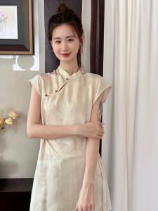 Yiren Chinese Style Silk Embroidered Short Sleeve Midi Qipao Womens Shirt Floral Print Loose Fit Summer Fashion Top