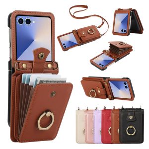szhaiyu | Crossbody Leather Card Holder Wallet Case for Samsung Galaxy Z Flip 8 7 6 5 4 Flip8 Finger Ring Lanyard Pocket Cover Purse