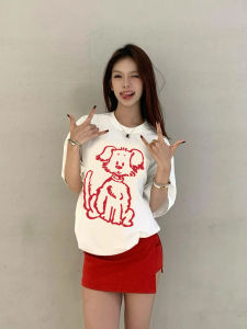 Chao Wassup American Retro Cartoon Puppy Printed Short Sleeve T-Shirt Female Summer Loose Casual Half Sleeve Top