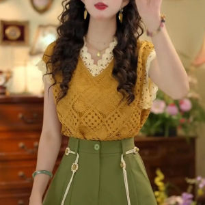 Shalldoer | Casual Loose Womens Short Sleeve V-neck Plaid Hollow Out Shirt Breathable Summer Top Vintage Hong Kong Style Floral Print