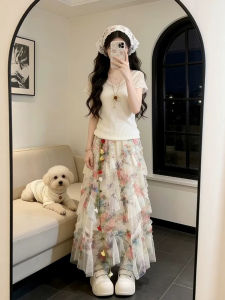 XUECAIQI | Elegant Lace Knitted Shortsleeve and Tulle Skirt Suit Two Pieces