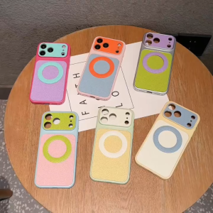 Color Block Lychee Grain Magnetic Phone Case Hard PC Back Faux Leather Texture TPU Bumper Shockproof Cover For iPhone 17 16 15 14 13 12 Pro Max