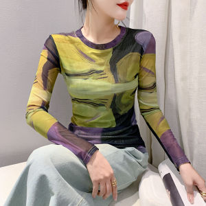 European Goods Fashion Printed Mesh Tops Fancy Womens Long Sleeve T-Shirt Spring New Arrival Western Style Slimming Undershirt