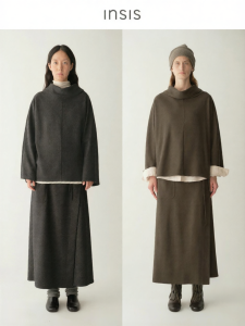 INSIS FEMME | Wool Vintage Chinese Style Turn-Down Collar Connected Sleeve Blouse and Wrap Skirt Suit