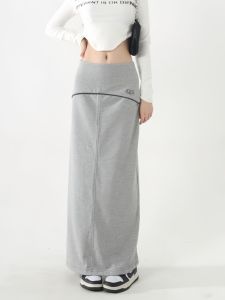 กระโปรงทรงเอเอวสูงสีเทาดำ กระโปรงทรงเอเข้ารูปสำหรับผู้หญิง ฤดูใบไม้ร่วง/ฤดูหนาว ไซส์ใหญ่ กระโปรงยาวคลุมเข่า