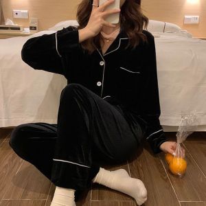 plus Size Womens Sleepwear Long Sleeve Gold Velvet Loose Home Clothes Set Sweet Korean Style Black Ideal for Students
