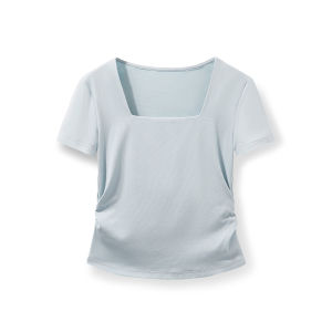 เสื้อยืดคอกลมแขนสั้นผู้หญิงทรงสลิมฟิต เสื้อผ้าทำงานฤดูร้อนแบบสวมหัวผ้าฝ้ายผสมเนื้อนุ่มสบาย