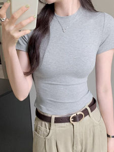 LUOFEN | American Style Short Sleeve T-Shirt Women Summer New Spicy Girl Grey Tea Ceremony Shoulder Round Neck Short Top Fashionable Commute Style Slim Fit Pure Color