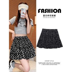 กระโปรงสั้นลายดอกไม้สีดำ ทรงเอเอวสูง สำหรับผู้หญิง ไซส์ใหญ่ ทรงเข้ารูป กระโปรงสั้นทรงเค้ก กระโปรงสั้นสไตล์บัลเล่ต์