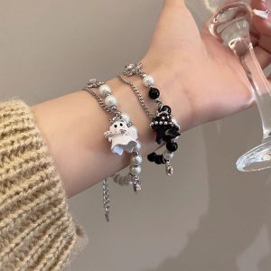 Ready Stock 1PCS Couple Bracelet Suitable For Cute Women Black And White Fake Pearl Little Ghost Soul Bead Bracelet Halloween Jewelry