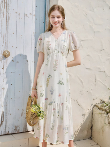 XIANGYING | French Style Floral Print V-Neck Summer Dress