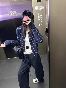 Loose Fit Soft Knitted Stripe Cardigan Womens Early Autumn 2025 New Korean Style Chic Shoulder Length Sweater Outerwear