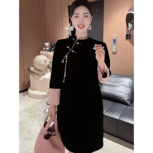 New Chinese Style Velvet Long Sleeve Qipao Dress Women Autumn Winter Black Dress Casual Loose Waist A-Line Skirt Traditional Button