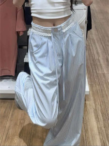 LANMENGYA | Blue Stripe Thin Small Figure Design Lace Waist Wide Leg Trousers
