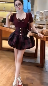 DX_ Set váy yếm phồng vintage mặc hè set yếm caro phối áo nơ set yếm bí sọc caro kèm gấu phối áo Thun Gân tay ngắn 3 màu