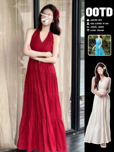 SUSIEYUAN | Váy dài màu đỏ kiểu Pháp thanh lịch mùa hè 2025 mới cho nữ đi biển Váy midi không dây eo cao váy chữ A không tay