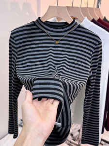Chic Striped Long Sleeve Half High Neck Womens Top Elegant Slim Fit Luxury Style Commute Suitable Base Layer T-Shirt
