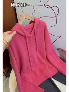 Sweet Raspberry Pink French Style Hooded Knitted Sweater Womens Warm Wool Fleece Top Spring New Arrival Commute Style