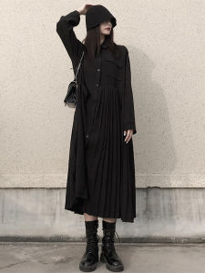 Loose Shirt Dress Design Sensation Mountain Wind Dark Color A-Line Long Skirt Spring Season High Waist Single Button Closure