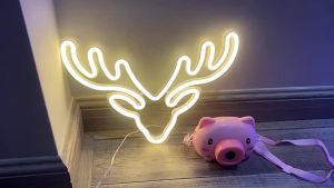 Đèn LED Neon Hình Đầu Hươu Chạy Pin Bóng Đèn Neon Màu Hồng Nhạt Trang Trí Tường Phòng Trong Nhà Đèn Ngủ Quà Tặng Lễ Hội 30x21cm