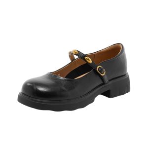 Josiny | School Style Mary Jane Shoes Black Buckle Thick Heel Pumps