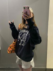 เสื้อฮู้ดคอกลมผ้าฝ้ายแท้สไตล์อเมริกันย้อนยุคสำหรับผู้หญิง ฤดูใบไม้ผลิและฤดูใบไม้ร่วง ดีไซน์หลวมๆ ลำลอง ชิค เสื้อผ้าทำงาน