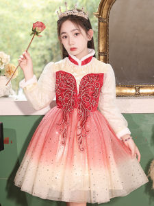 ชุดเดรสยาวแขนยาวป้องกันความร้อนสำหรับเด็กผู้หญิง ชุดเจ้าหญิงฤดูใบไม้ร่วง/ฤดูหนาว เสื้อคลุมผ้าโพลีเอสเตอร์ สีแดง