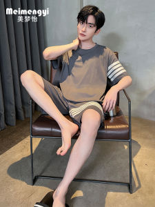 Mens Summer Sleepwear Ice Silk Thin Short Sleeve Pants Home Clothes Set round Neck Print Cotton Lyocell Spandex Blend