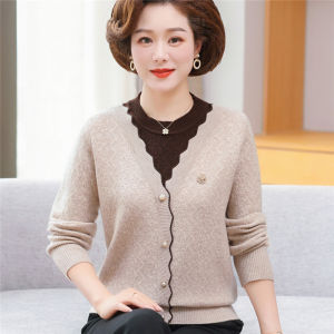 Áo Len Dệt Kim Cổ Tròn Mỏng Rộng Rãi Cho Phụ Nữ Trung Niên Mùa Xuân Thu Phong Cách Mới Thời Trang Áo Khoác Ngoài Thường Ngày