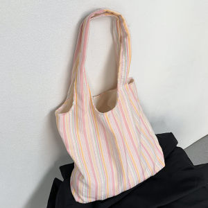 Dopamine Striped Canvas Vest Bag Large Capacity Underarm Summer Fairy Student Class Handbag Fresh Style Geometric Pattern