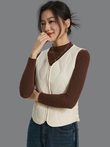 เสื้อกั๊กขนนกเป็ดหนาแบบมีซิปสำหรับผู้หญิงในฤดูใบไม้ร่วงและฤดูหนาว เสื้อกั๊กทรงเข้ารูปคอวีแบบมีซิปสำหรับใส่ทำงาน