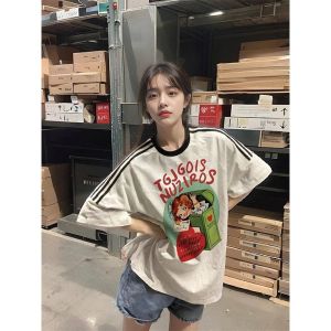 American Retro Trendy Brand Three Bars Short Sleeve Womens T-shirt Summer Design Loose Fit Cotton Pure Upper Apparel