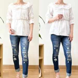 ●ECLAIRE● 0IS Blouse Sabrina Off-Shoulder Ruffle Lengan 3per4 Puff Polos Kasual Korea Santai Mode Modis Jenita
