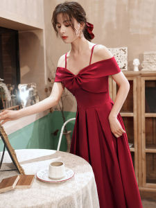 Elegant French One-Shoulder Red Wedding Dress Short Sleeve Long Evening Gown Slim Fit for Engagement Party Performance